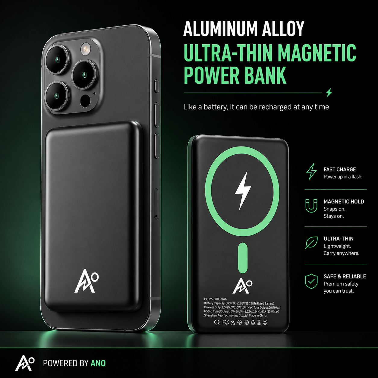 PoweredbyANO Magnetic Power Bank – Portable Wireless Charging 10,000 MAH